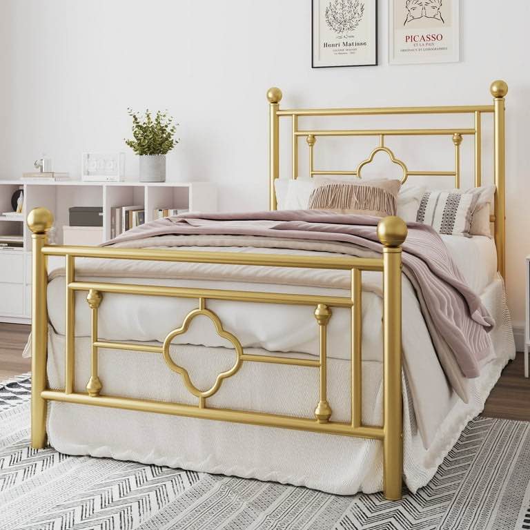 Amolife Metal Platform Bed Base Size Twin with Headboard and Footboard in Cross Pattern Vintage, Gold