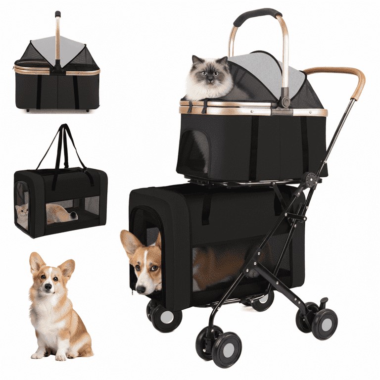 StarZe Double Stroller Dual 4 in 1 with 4 Wheels for Pets, Foldable and Portable Design for Medium Dogs and Cats, up to 50 Lb (Black)