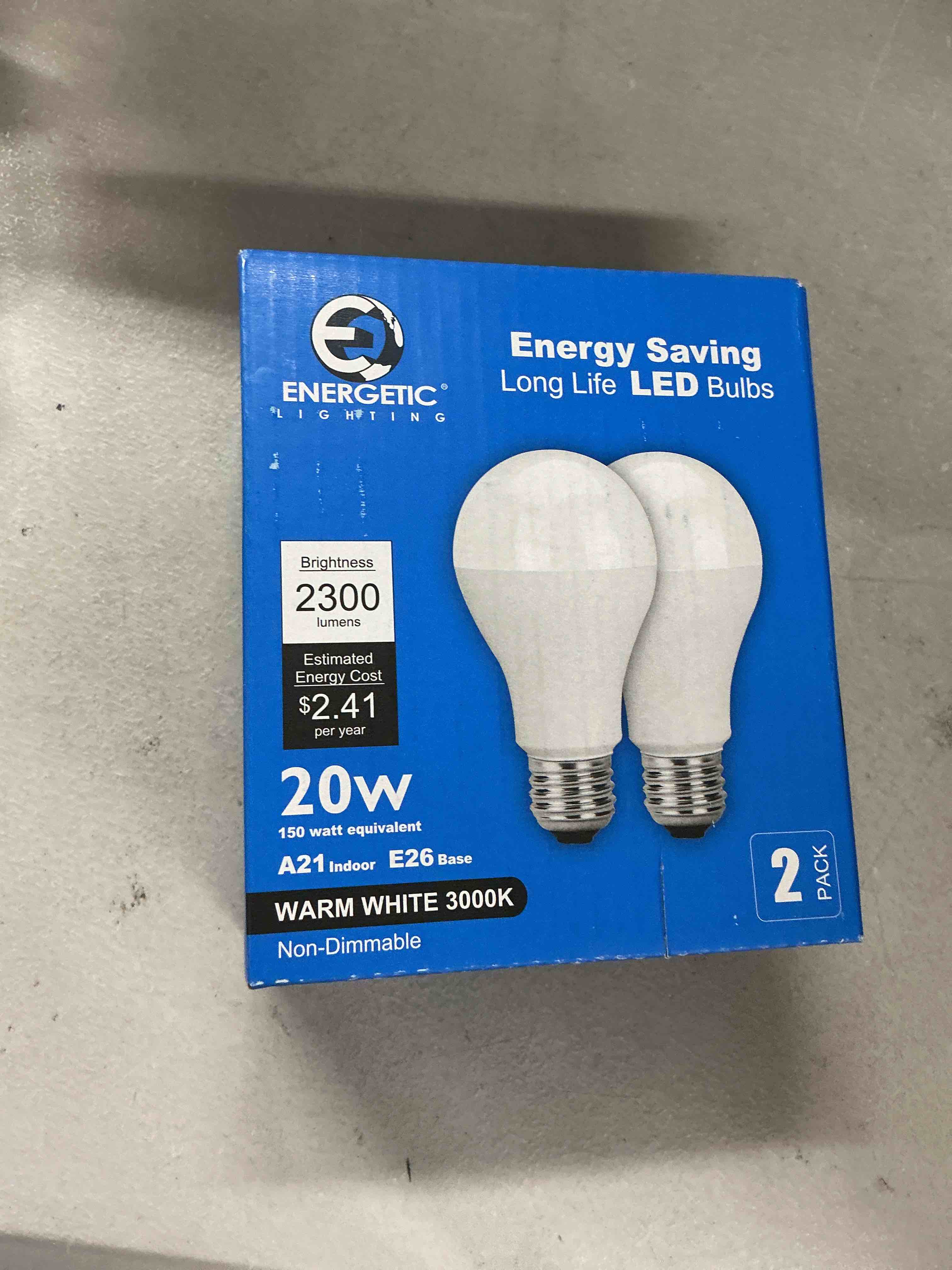 Condition photo showing New/Like New for e energetic lighting a21 led bulb 150 watt equivalent, super bright light bulb, warm white 3000k, non-dimmable, 2300lm, brightest led bulbs, ul listed, 2 pack