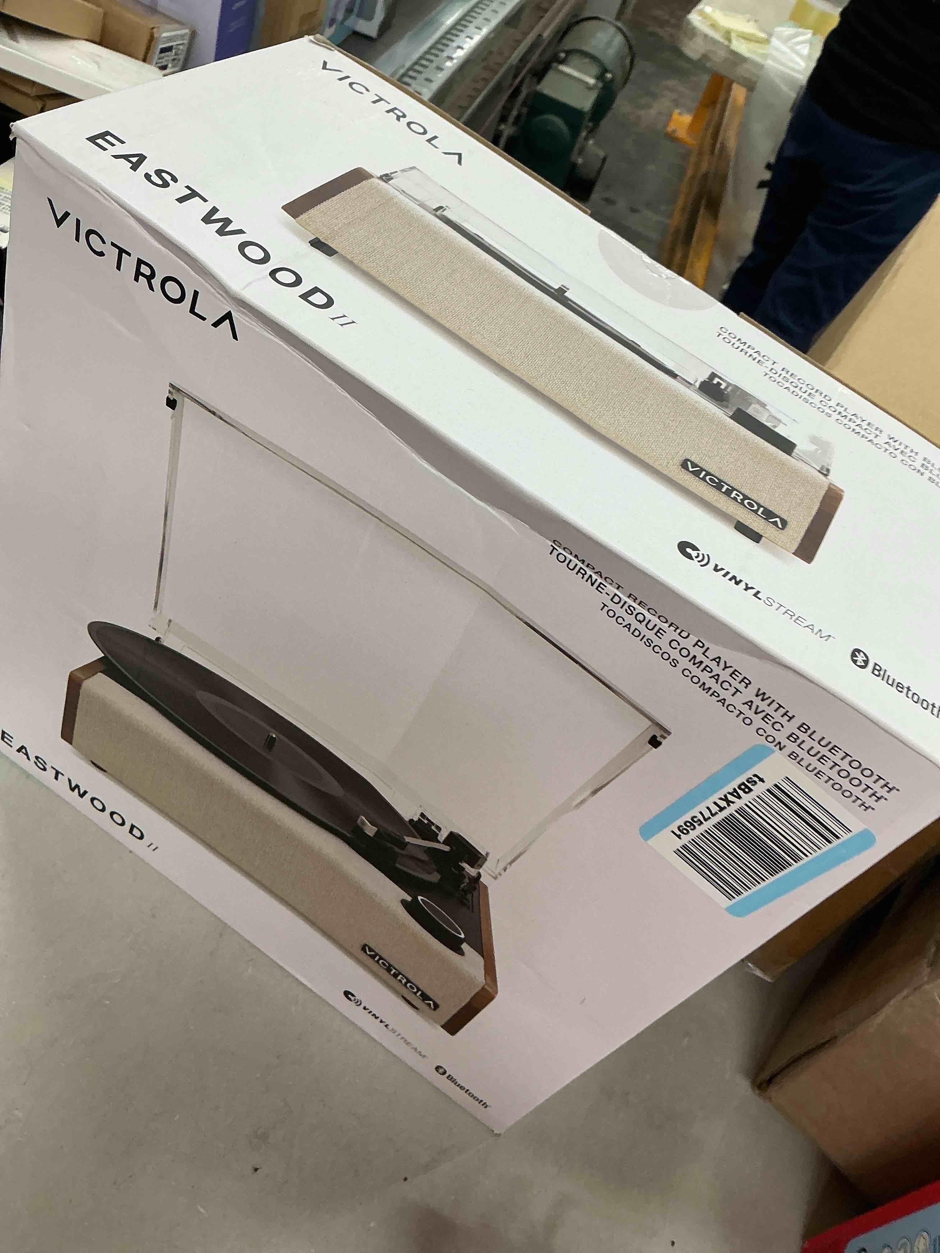 Condition photo showing New/Like New for victrola eastwood ii record player with speakers – bluetooth 5.1 and vinyl stream technology, vintage style 3-speed vinyl player, audio technica at-3600la cartridge (oak)