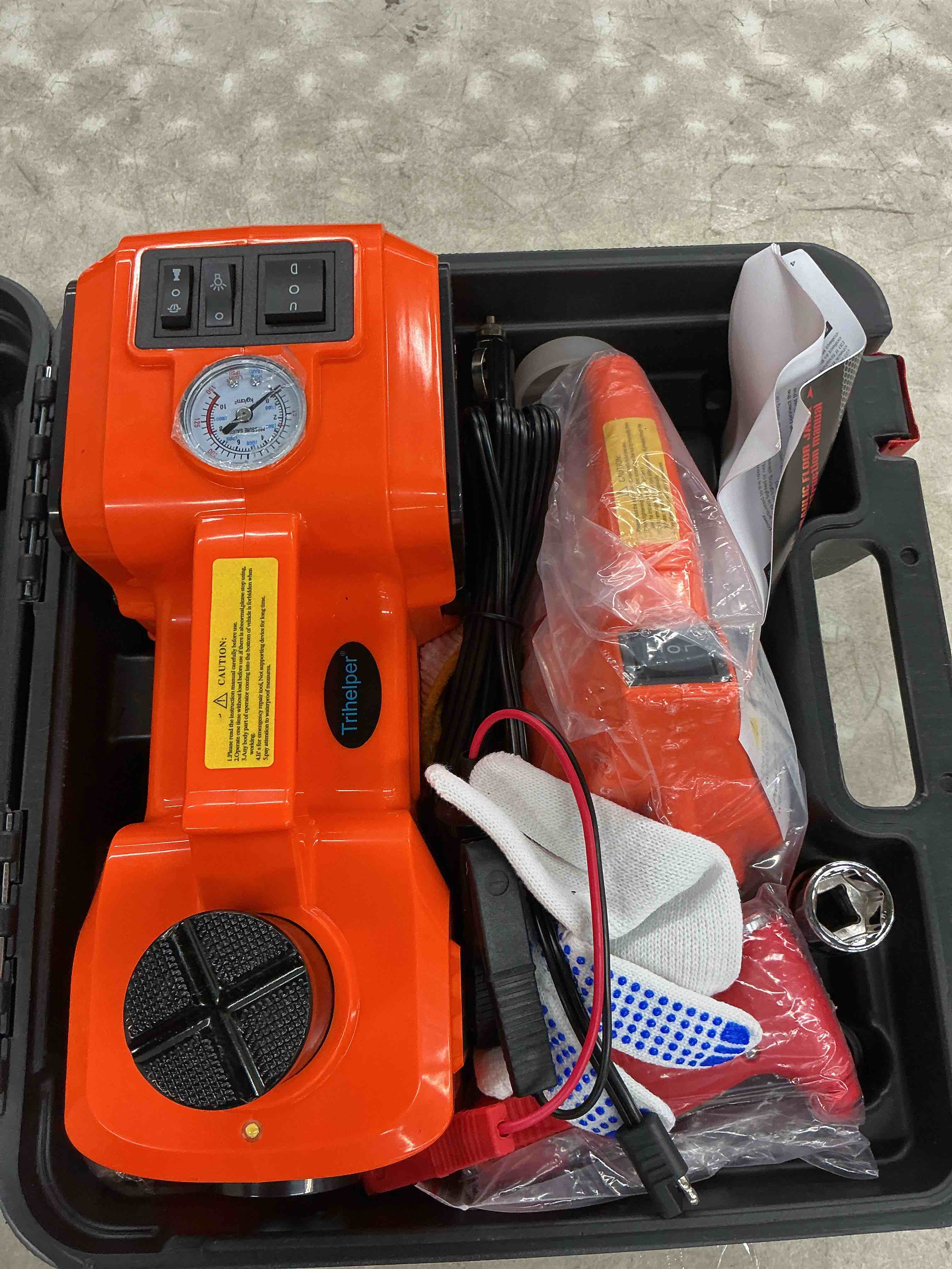 Condition photo showing Good Condition for trihelper electric car jack set 5 ton hydraulic jack car lift floor jack with integrated tire pump and impact wrench for sedans suv mpv sedan truck change tires garage repair orange+wrench