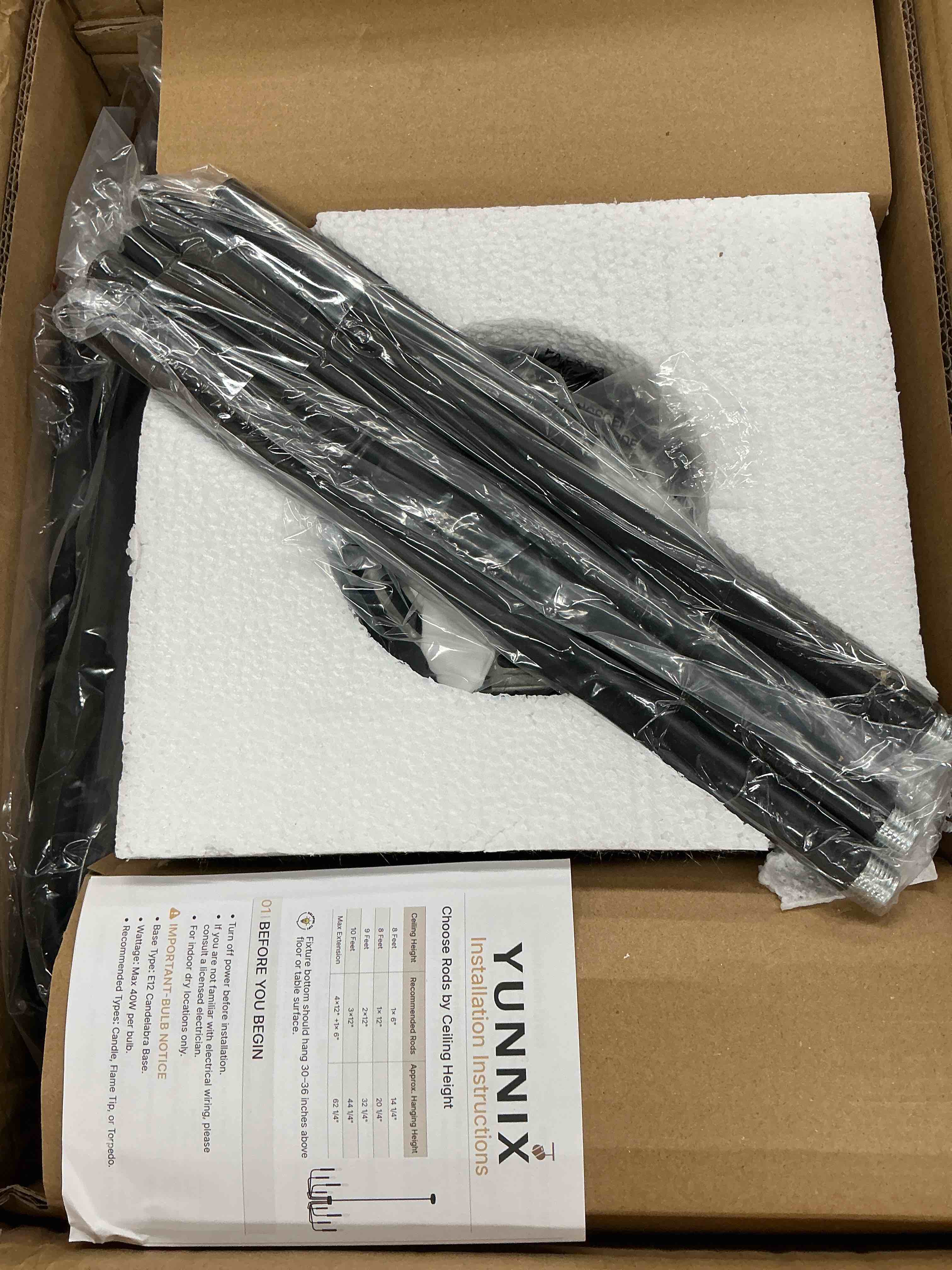 Condition photo showing New/Like New for yunnix 6 light black chandelier, farmhouse chandelier for dining room light fixture hanging, ul listed industrial modern chandelier for bedroom, foyer, kitchen, living room, no assembly required matte black 6-light