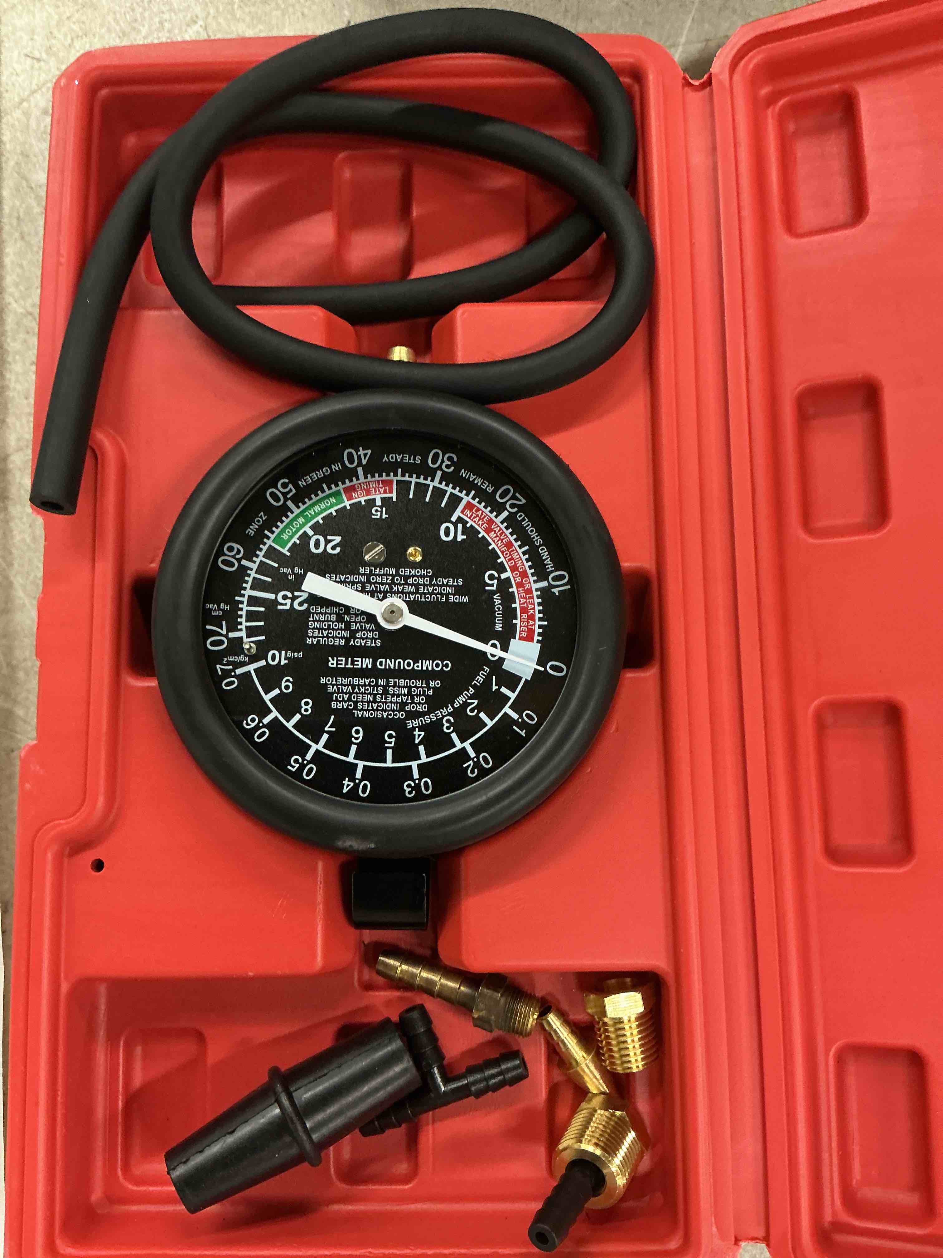 Condition photo showing Good Condition for fuel pump and vacuum tester gauge, carburetor pressure diagnostics leakage tool kit