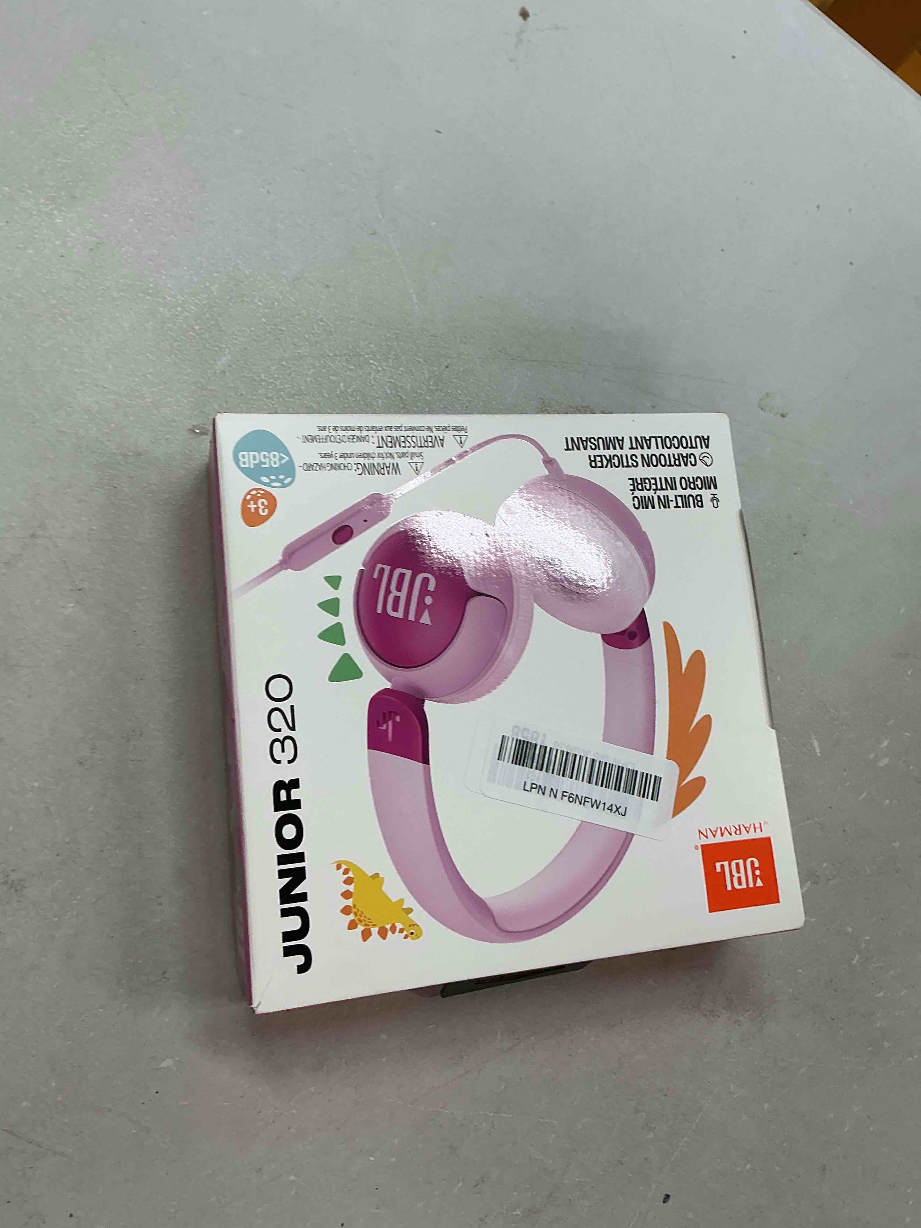 Condition photo showing New/Like New for jbl junior 320 kids headphones, wired, volume-limited | designed for school and travel with built-in mic, foldable design, 3.5mm jack, comfortable fit and customizable stickers purple