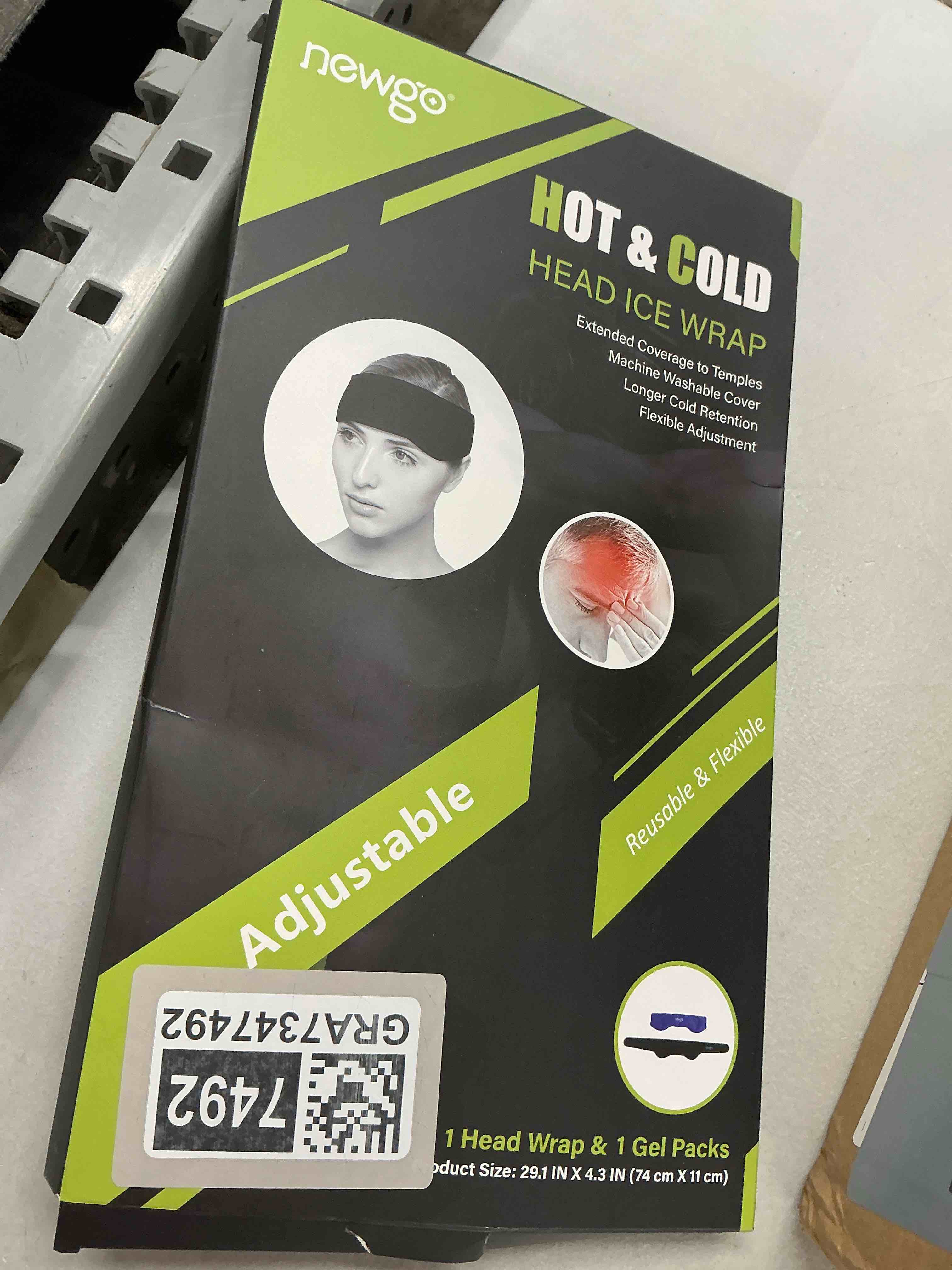 Condition photo showing New/Like New for newgo headache ice pack head wrap for migraines, fsa eligible, cold pack head ice therapy wrap for headache relief, tension, sinus pain, chemo, head injuries black 1.0
