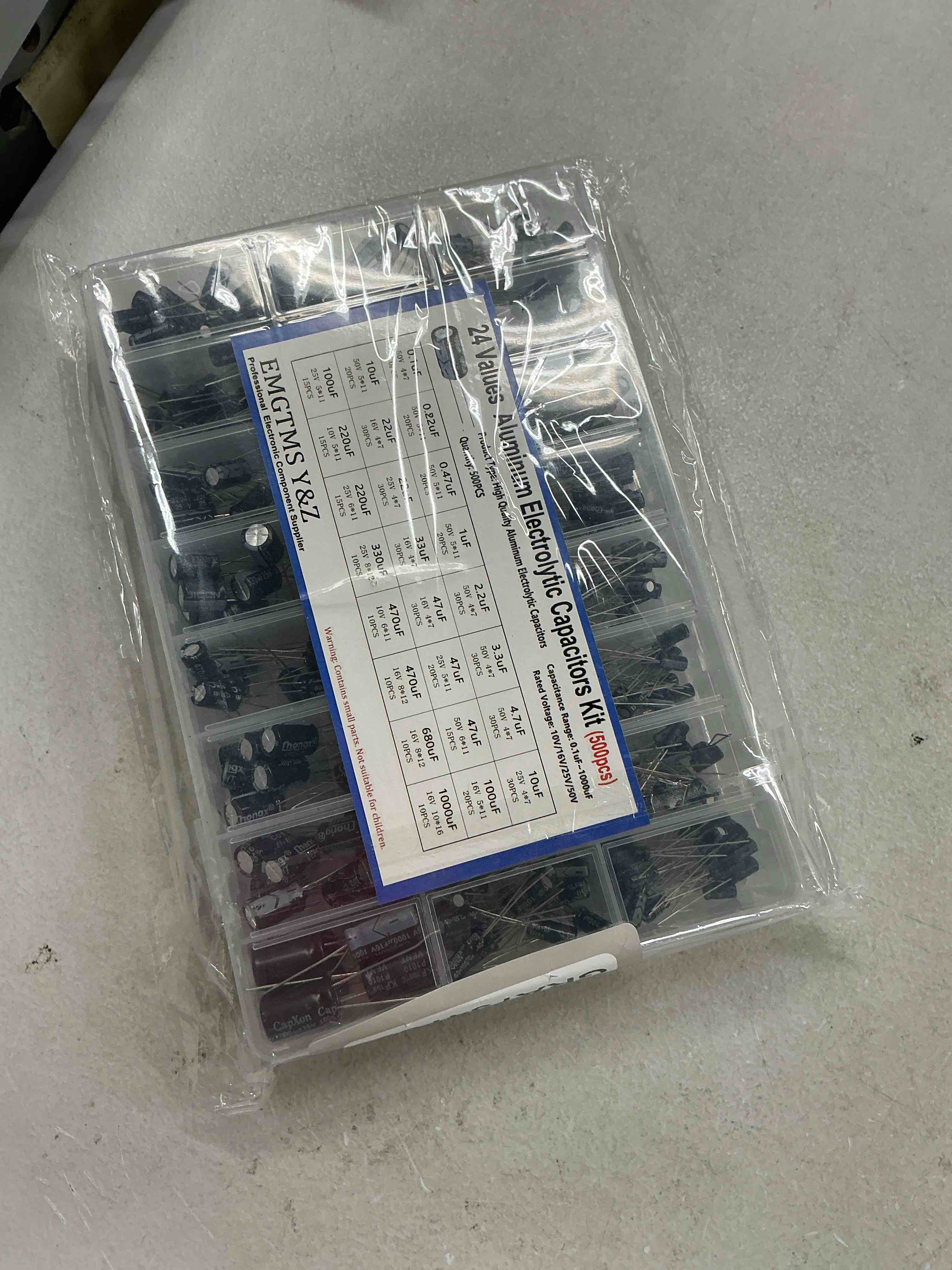 Condition photo showing New/Like New for 500pcs 24-value aluminum electrolytic capacitors assortment kit | 0.1uf-1000uf (10v 16v 25v 50v) capacitors set with storage box for electronics projects, ideal for hobbyists and engineers