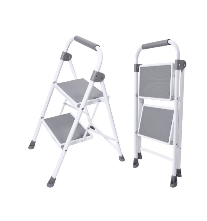 edx 2-Step Folding Step Stool for Adults - 330 Lbs Capacity, Sturdy Steel Frame, Wide Non-Slip Pedal & Top Handrail, Lightweight Portable Ladder for Home Kitchen, Gray