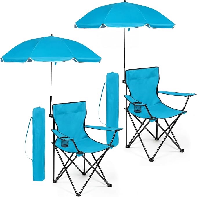 2 Pack Beach Umbrella Chairs with Cup Holder, Light Blue