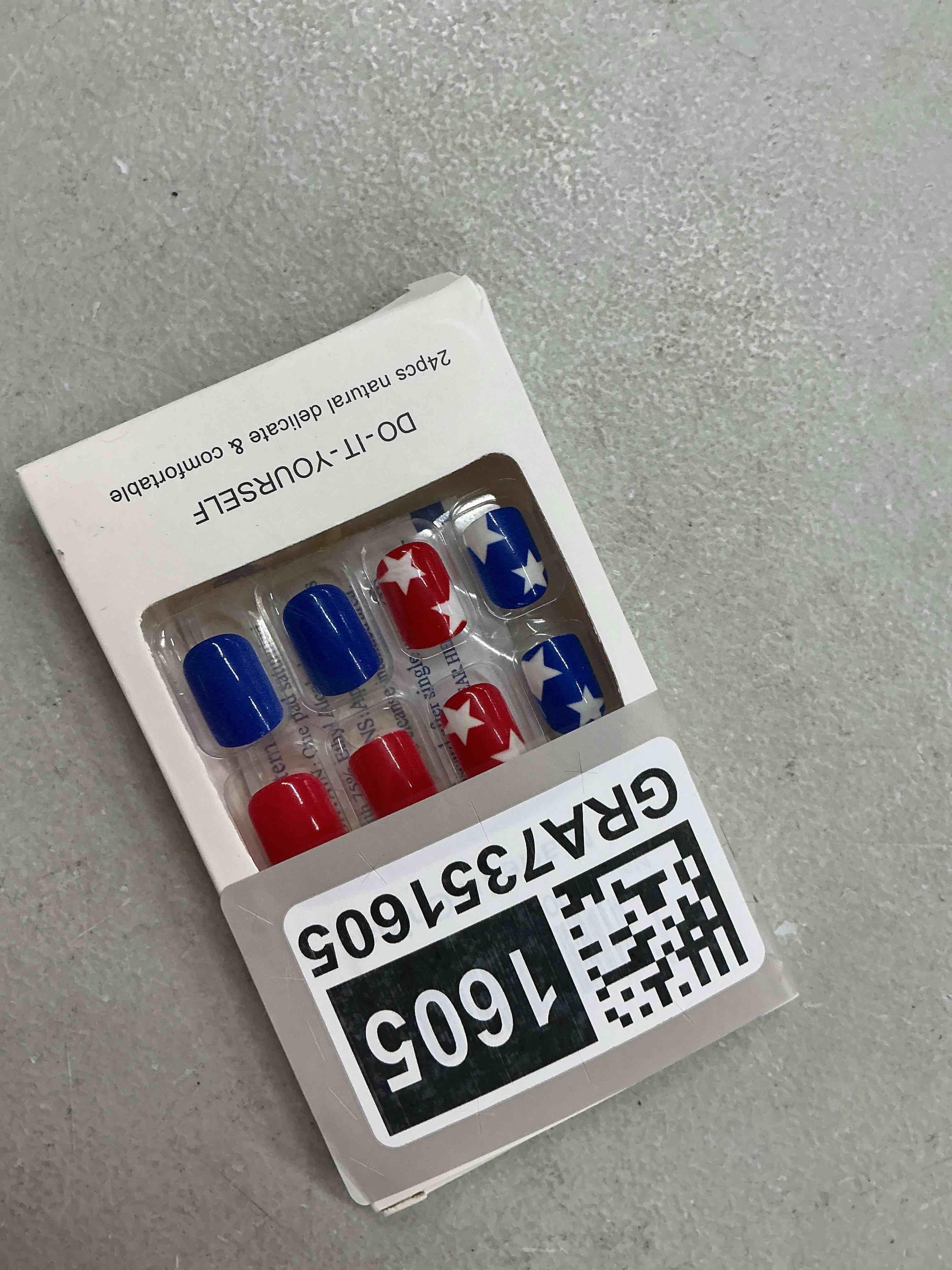 Condition photo showing Good Condition for 4th of july press on nails extra short square ofdne patriotic fake nails cute false nails with stars stripes designs glossy glue on nails white blue red acrylic nails for women girls 24pcs