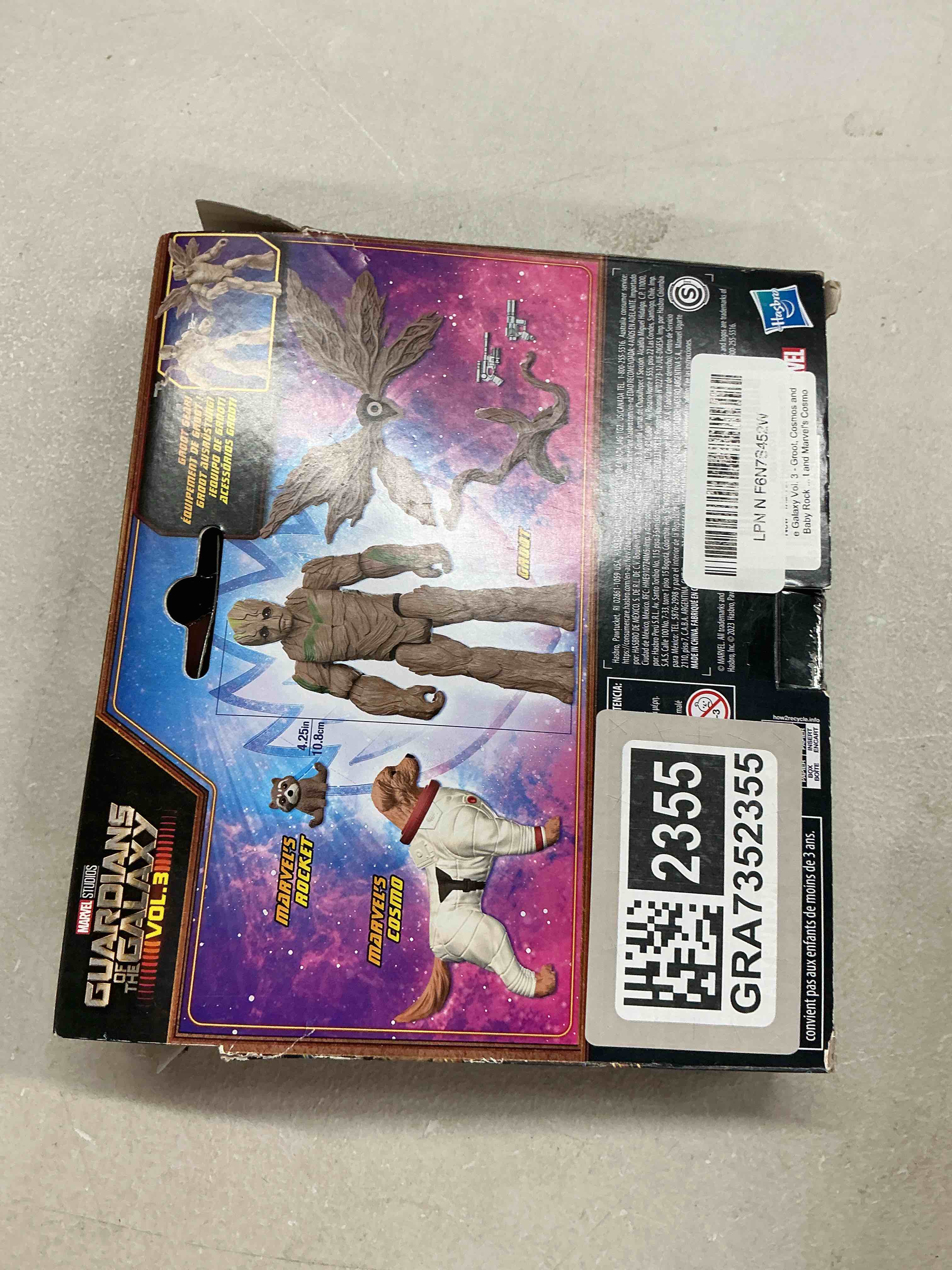 Condition photo showing Good Condition for marvel hasbro guardians of the galaxy vol. 3 - groot, cosmos and baby rocket, guardians of the galaxy vol. 3" action figures, baby rocket and marvel's cosmo