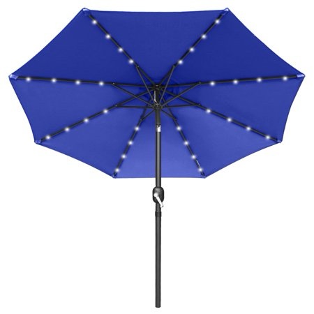 MASTERCANOPY 9ft Solar Patio Umbrella with 32 LED Lights Easy Tilt and Crank 8 Ribs, Blue