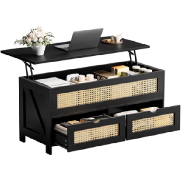 DOVEAID Lift Top Coffee Table with 2 Drawers, Wooden Coffee Table with Storage Cabinet and Hidden Compartments for Living Room, Black, Rattan