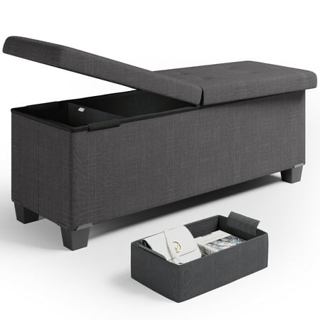 Hearth & Harbor Storage Ottoman Bench, Faux Leather 45" Ottoman With Storage, Gray