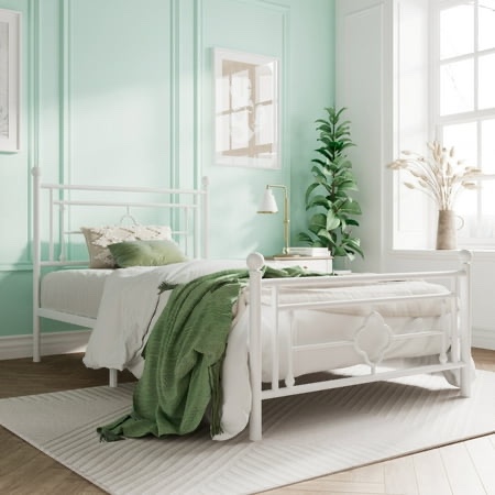 Amolife Twin Size Metal Platform Bed Frame with Vintage Cross Pattern Headboard&Footboard, White
