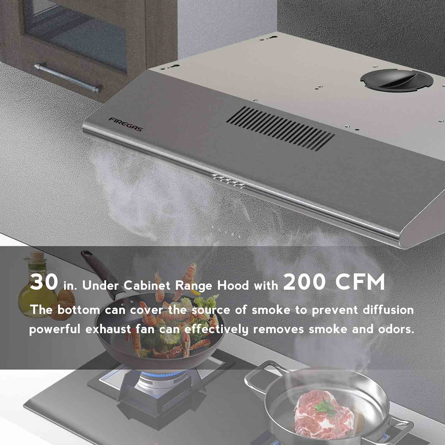 FIREGAS Under Cabinet Range Hood 30 inch with Brushless DC Motor LED Light 3 Speed Exhaust Fan Reusable Aluminum Filters Push Button Stainless Steel Range Hood with Charcoal Filter