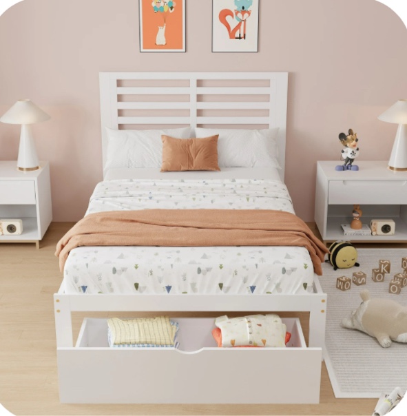 UHOMEPRO Twin Bed Frame with Storage Drawer, Solid Pine Wood Kids Twin Platform Bed Frame, Bedroom Twin Bed with Headboard and Strong Slats Support for Adults, No Box Spring Needed, White