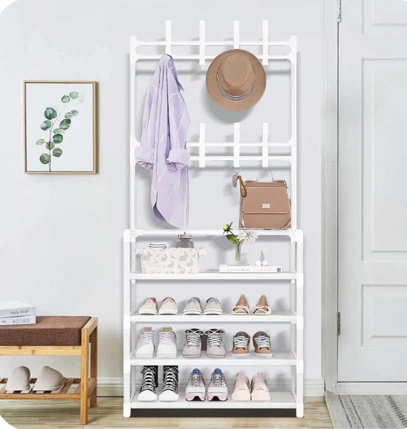 Jowenia 4 Tier Coat Rack with Shoe Storage, Freestanding Hall Tree Shoe Bench for Entryway Bench, Hall Tree Hat and Shoe Storage Rack, with 4 Shoe Storages, 8 Removable Hooks, White