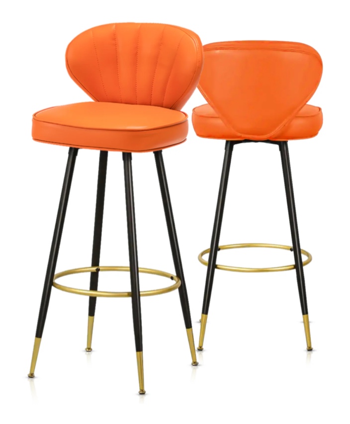 MoNiBloom Set of 2 Upholstered PU Leather Bar Stools, Counter Height Barstools with Shell Back, Kitchen Chairs with Golden Legs, Orange