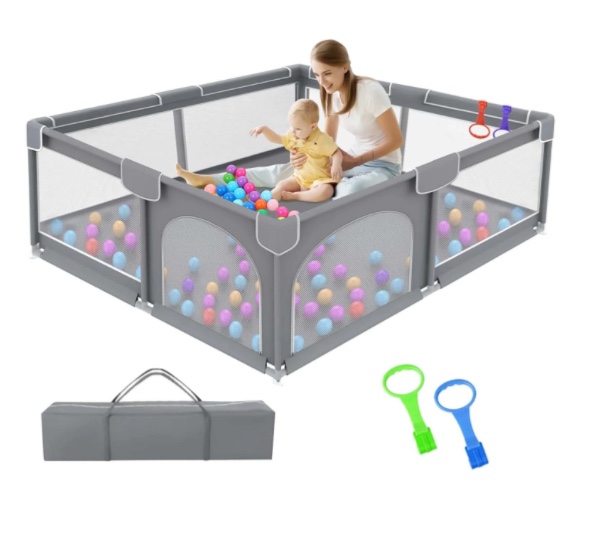Ucradle Baby Playpen, 50x50x27" Large Activity Center with Gate, Anti-Slip Base, Gray