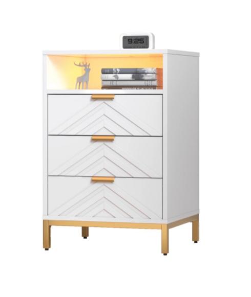 MARNUR LED Nightstand with 3 Drawers, Charging Station, White Modern Night Table High Gloss End Side Table for Bedroom