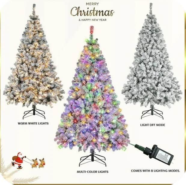 6ft Christmas Tree, Snow Flocked Pine Tree with 250 Warm-White & Multicolored Lights For Home, Office, Party Decoration