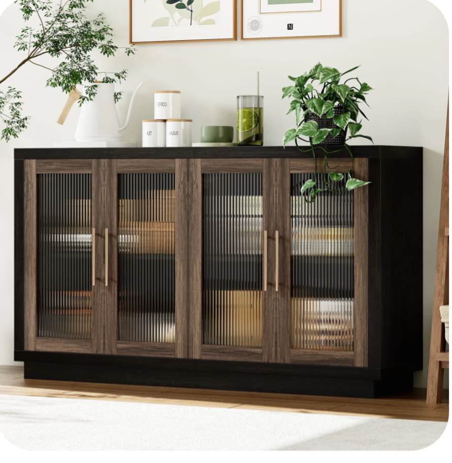 Homfa Modern Sideboard Buffet with Fluted Glass Doors, Accent Cabinet Console Table TV Stand, Black & Brown