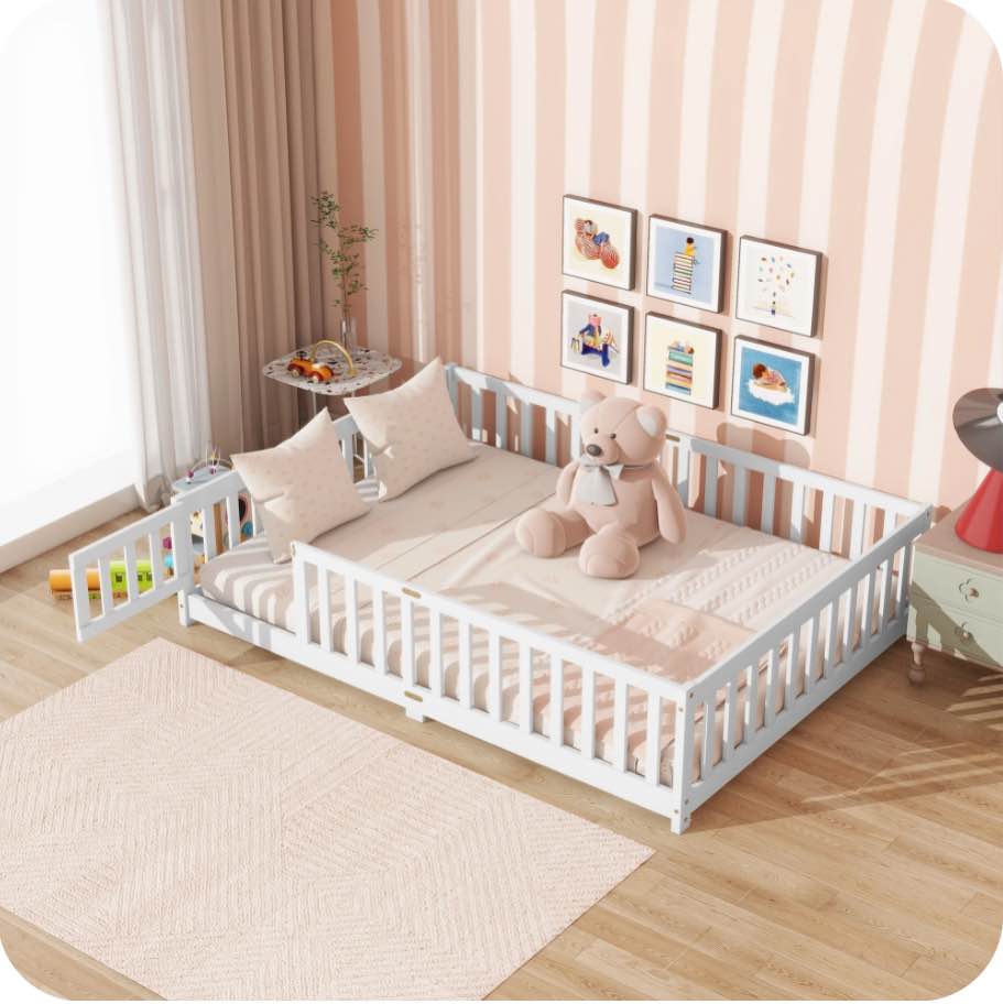 UHOMEPRO Full Size Floor Bed with Door and Fence for Kids, Toddler Bed Montessori Floor Bed with Slats and Safety Guardrails, Solid Wood Full Bed Frame for Girls Boys Kids Bedroom, White