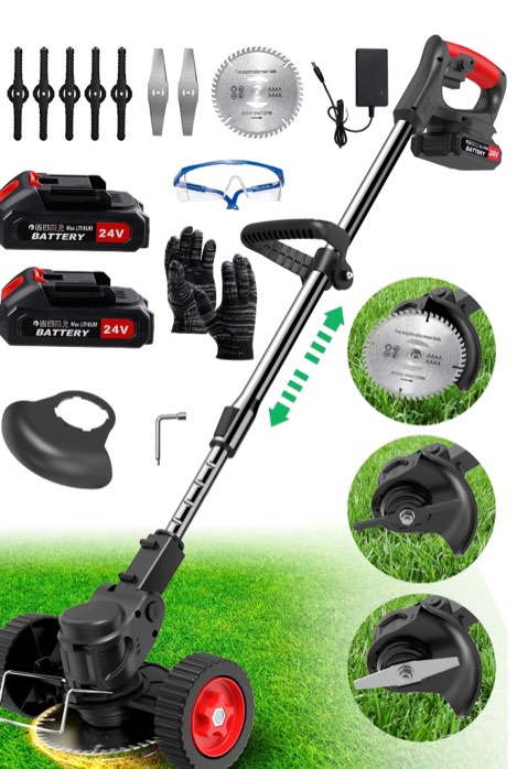TNTANTS Electric Weed Wacker, Cordless String Trimmer with Wheels, 2Pcs 24V Batteries, 3 Types of Blades, Adjustable Length, Weed Eater Grass Trimmer/Edger/Brush Cutter for Lawn Yard Garden (Black)