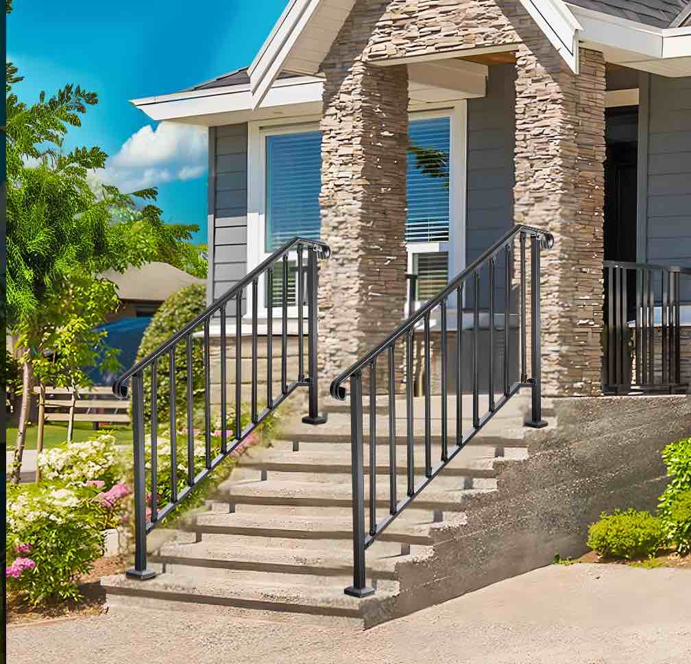 Handrails for Outdoor Steps, Fit 4 or 5 Steps Outdoor Stair Railing Exterior Steps Wrought Iron Handrail for Concrete Steps or Wooden Stairs Heavy Duty Freestanding Stair Railing Indoor