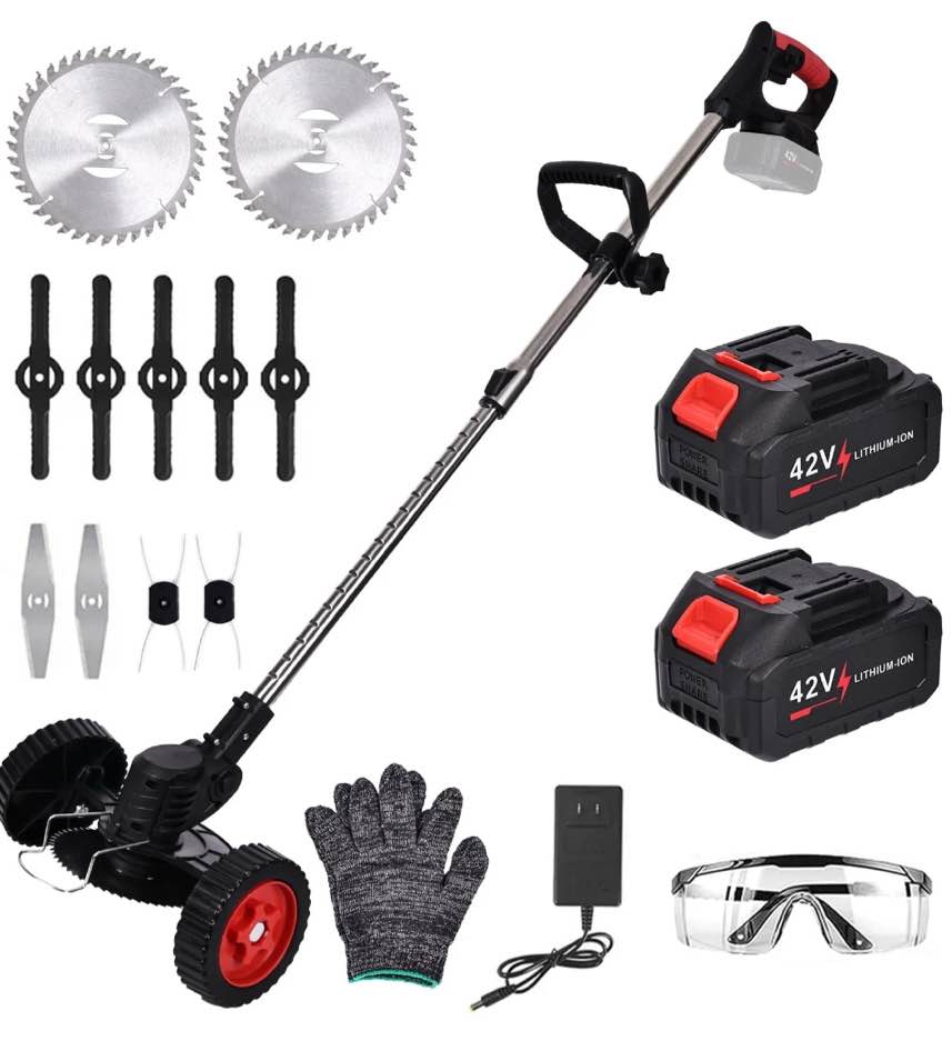 Cordless String Trimmer, HDJ 42V 48-in Telescopic Electric Weed Wacker on Wheels, Grass Trimmer with 4 Types Blades and 6000mAh Battery Powered for Garden, Yard, Black ((( incomplete)))
