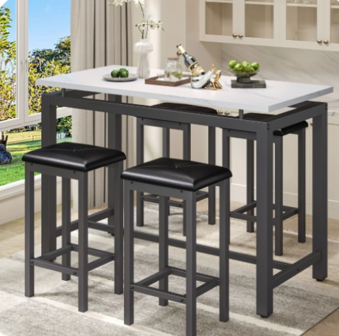 Counter Height Table Set of 5, Breakfast Bar Table and Stool Set, Minimalist Dining Table with Backless Stools, Wood Top Pub Table & Chair Set for Kitchen Apartment Bistro - Space Saving