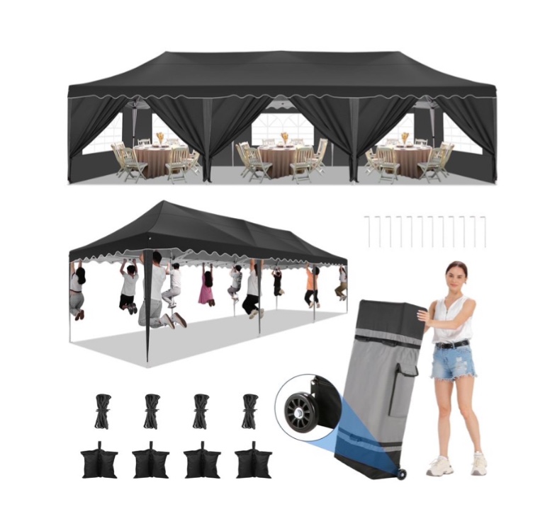 COBIZI 10x30 Pop Up Canopy Tent with 8 Sidewalls,Wave Eave Heavy Duty Canopy Tent for Outside ,Camping,Wedding,Ez tents for party with Roller Bag Thickened Frame Large Space UV 50+ Waterproof,Black