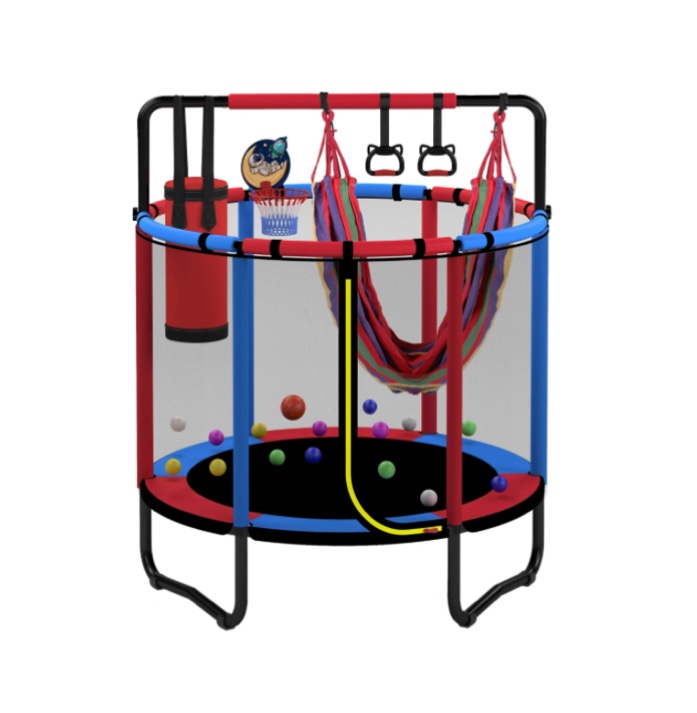 Mini Round Trampoline for Kids with Basketball Hoop, SEGMART 55'' Indoor Outdoor Toddler Trampoline with Enclosure Net, Swing, Sandbag, Ring, Ocean Balls, Small Trampoline Gift for Boys Girls, Blue