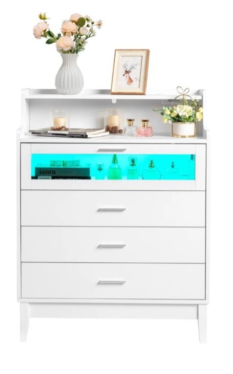 Ktaxon 4 Drawer Dresser with LED Lights and Charging Station, Wide Chest of 4 Drawers with Visible Top Drawer, Storage Cabinet, White Dresser for Bedroom, Living Room, Hallway