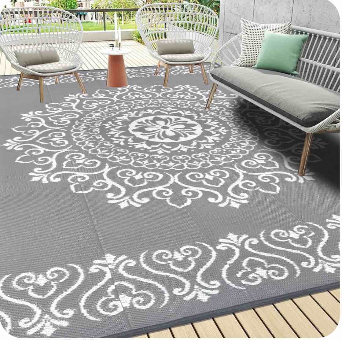 MJIAexp 9'x12' Gray Outdoor Rug Patio Rug Waterproof RV Outdoor Rug Camping Rugs Reversible Plastic Straw Rug Large Outdoor Mat for Camping, Balcony Apartment, Patio, Porch, Picnic, Beach
