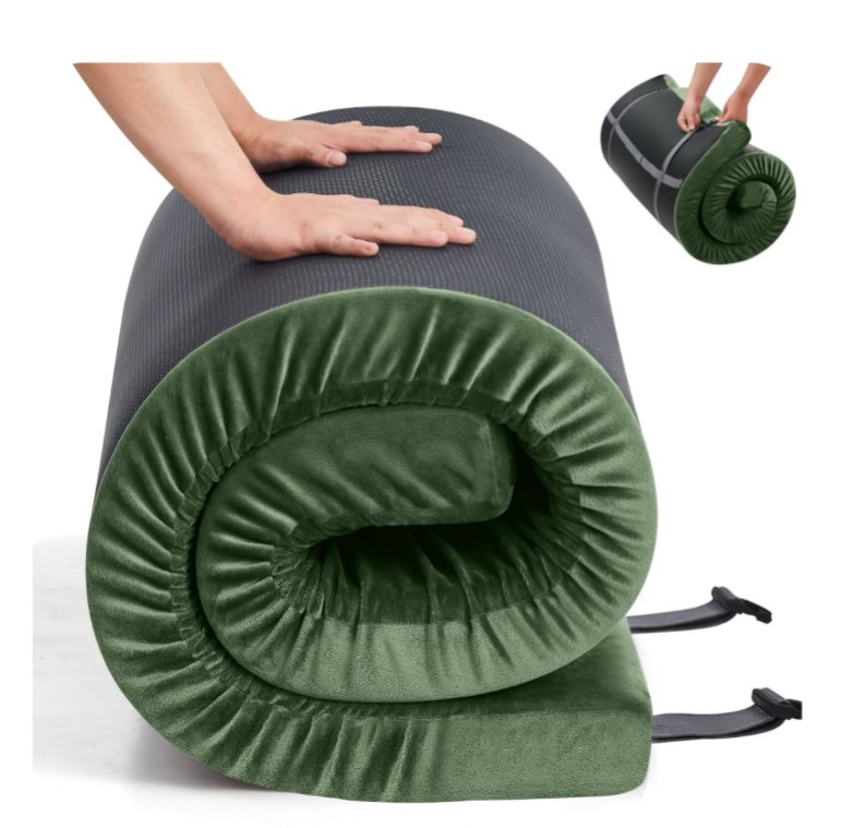 Teler CertiPUR-US 3" Memory Foam Camping Mattress Pad, Portable Foam Sleeping Pad for Camping, Roll up Sleeping Mat for Adults , Car, Tent SUV Cot Mattress,Green