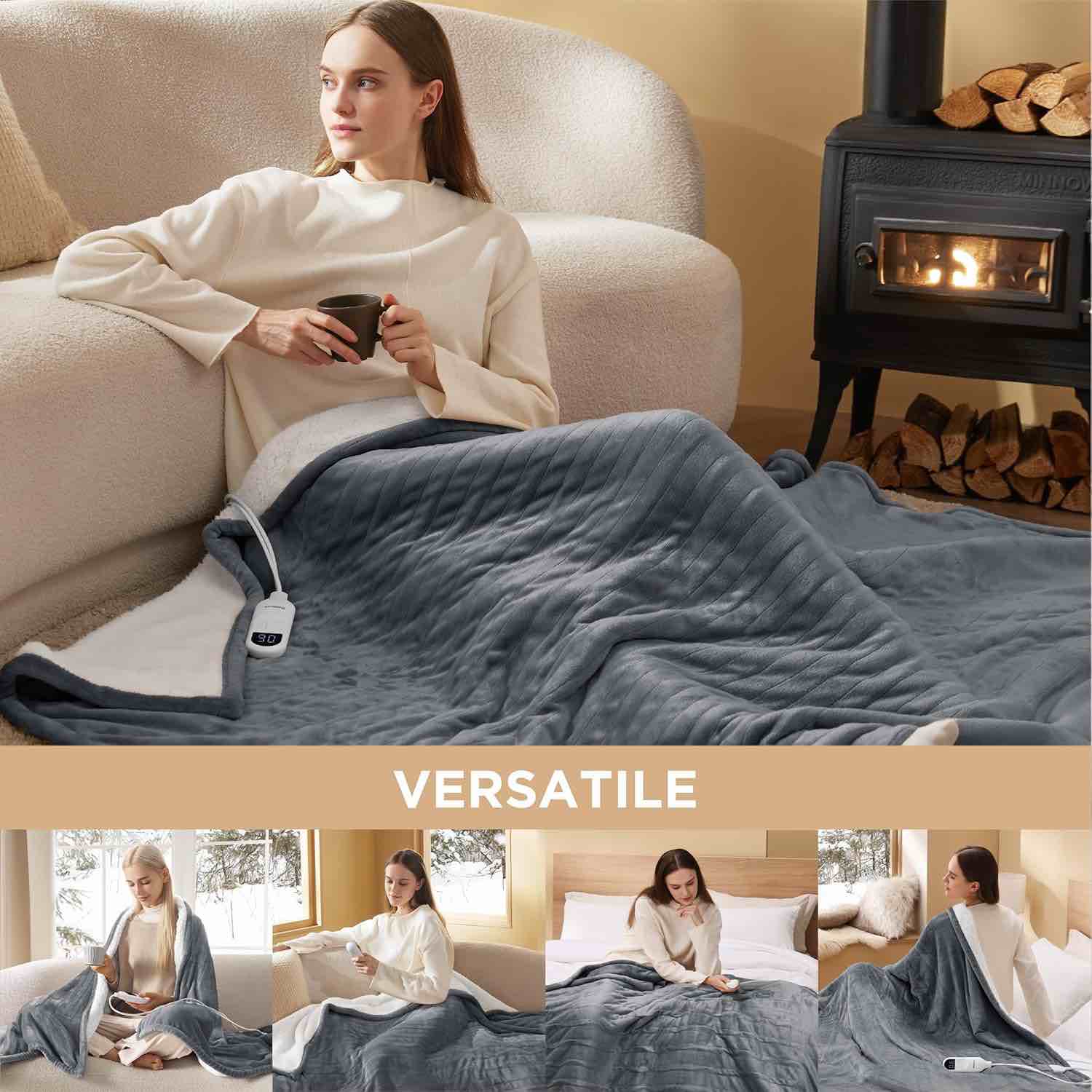 Maxkare 50  x 60  Electric Throw Blanket with 6 Heating Levels & 1-5H Auto-off  Machine Washable Flannel & Sherpa  Gray & White