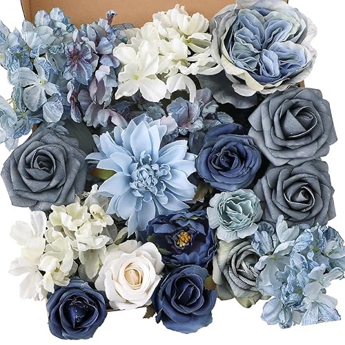 Garisey Artificial Flowers Combo Box Set Dusty Blue Flowers for DIY Wedding Bouquet Arrangements Bridal Shower Party Home Decorations(White Blue Rose)