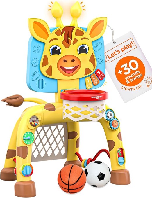 Move2Play, Giraffe Basketball Hoop & Soccer Goal Activity Center | 30+ Sounds & Lights | 1, 2, 3+ Year Old Gift & Birthday Present | 6, 12, 18, 24+ Month Toy For Baby, Toddler, Boys, & Girls