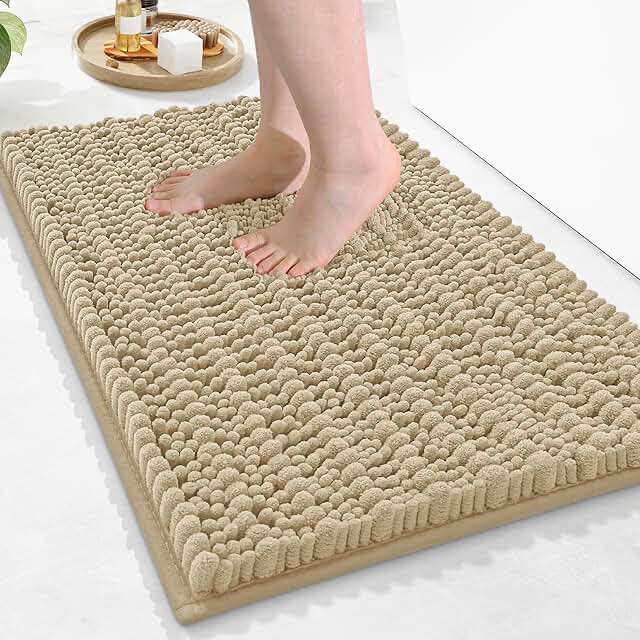Arotive Luxury Chenille Bathroom Rug Mat, Extra Soft Thick Absorbent Shaggy Bath Rugs, Non-Slip Machine Wash Dry Plush Bath Mats for Bathroom, Shower, and Tub (24"x16", Beige)