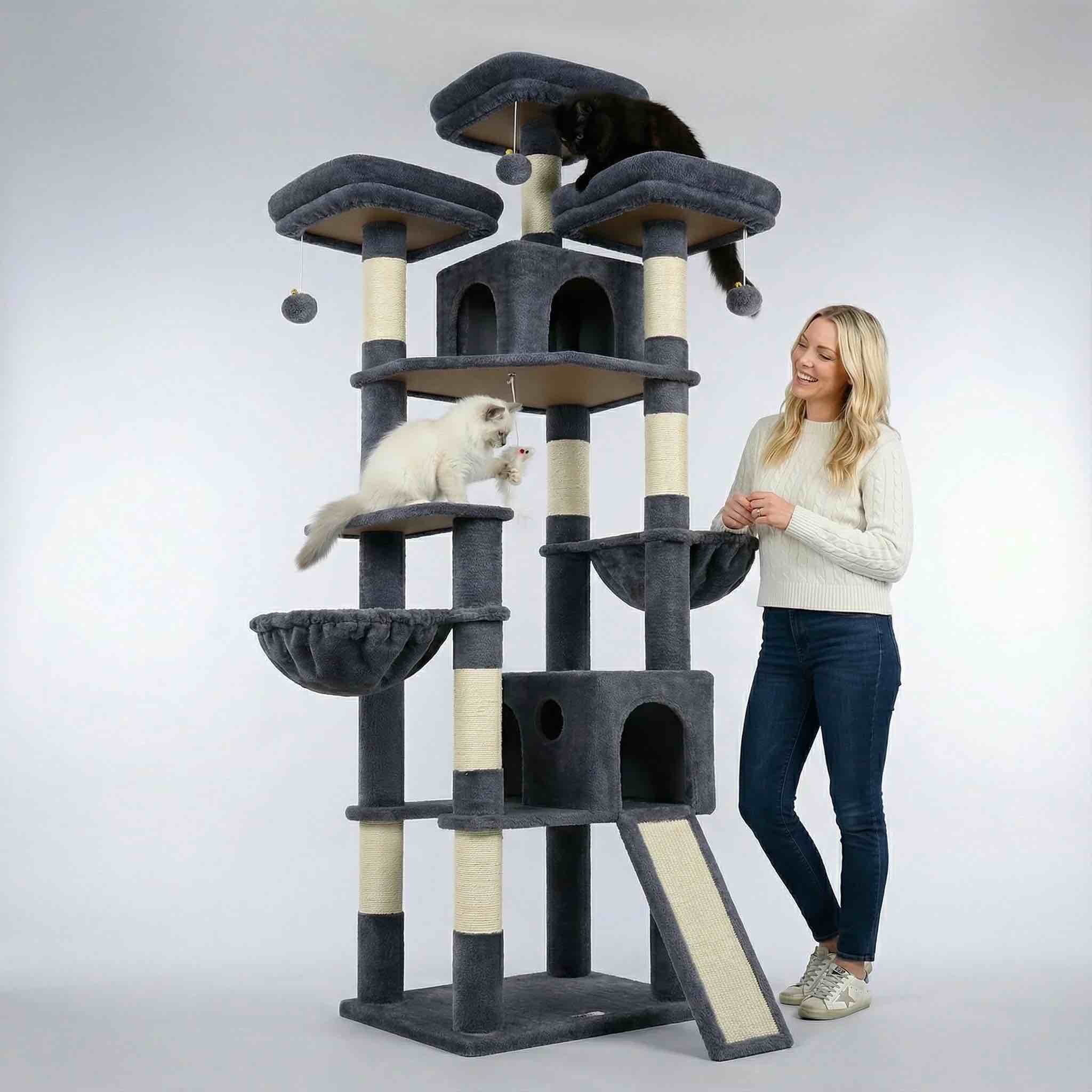 Globlazer 84'' Multi-Level Large Cat Tree Tower for Indoor Cats with Sisal Scratching Post, Hammock & 2 Condos,Light Gray