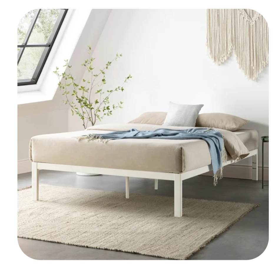 Mellow Rocky Base C Metal Platform Bed with Patented Wide Steel Slats, White, Full