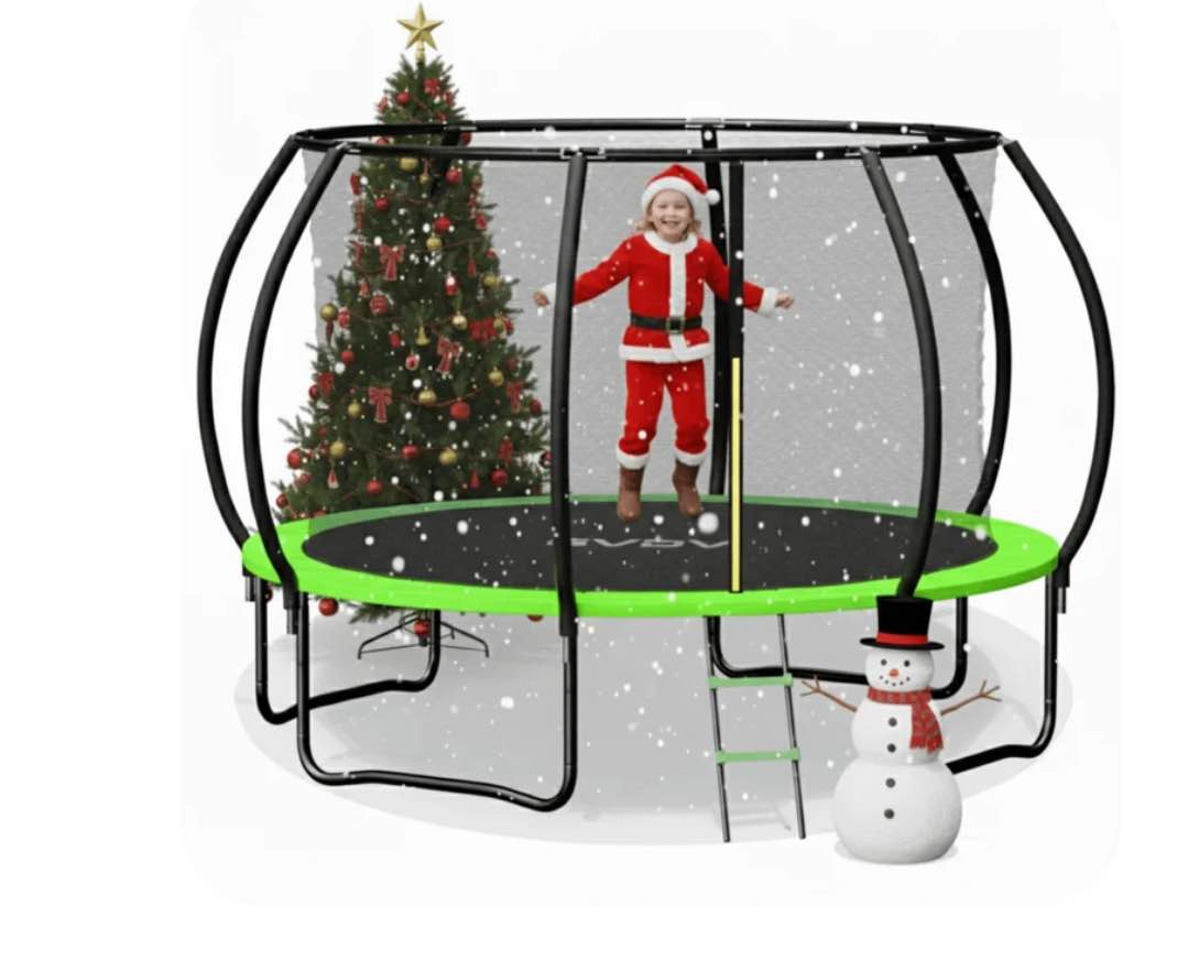GVDV Outdoor Trampoline, 10' Backyard Recreational Pumpkin Trampoline for Kids with Enclosure