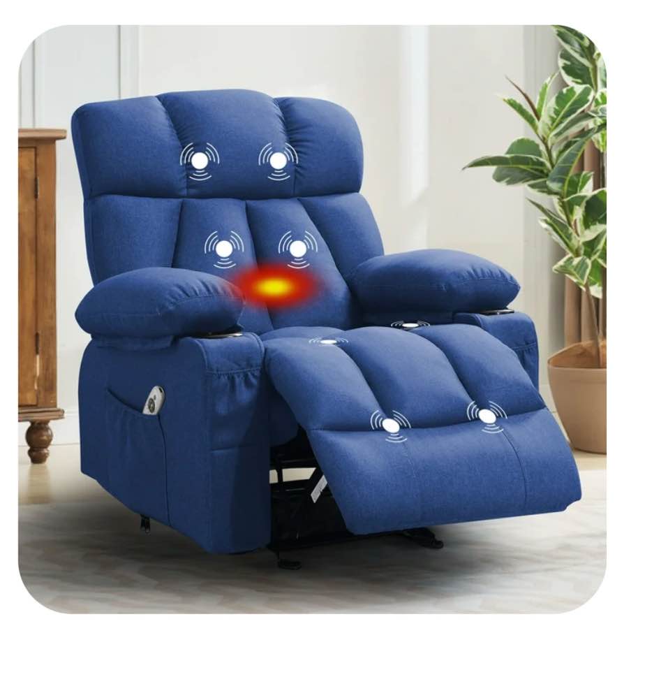 JONPONY Manual Recliner Chair with Heat Therapy and Massage Function, Heavy Duty Reclining Mechanism Massage Chair, Elderly Single Rocker Sofa with Cup Holders for Bedroom Home Theater,Blue