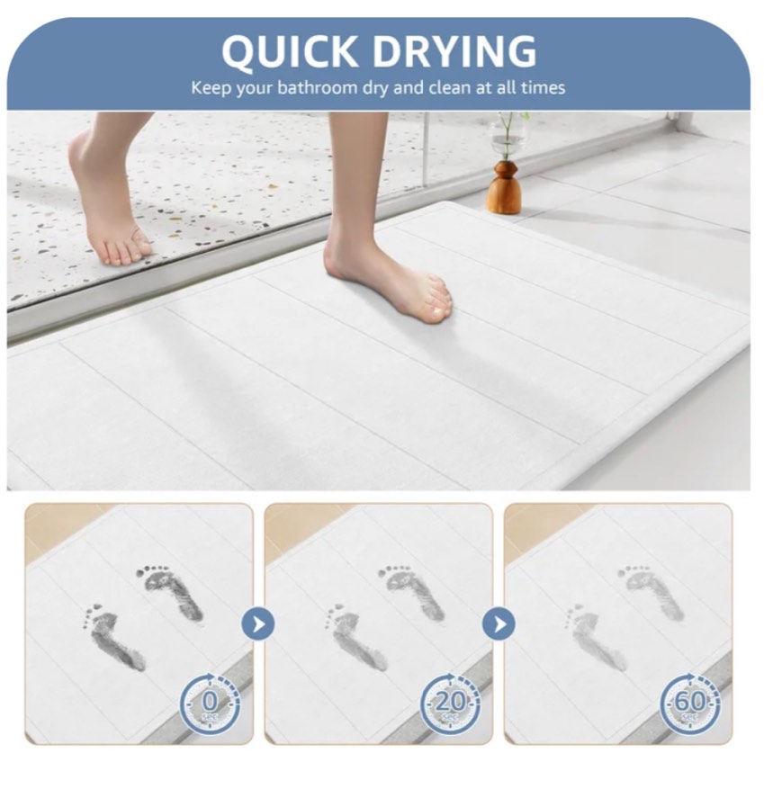 OTHWAY 32"x20" Large Diatomaceous Earth Bath Mat for Bathroom, Super Absorbent Quick-Dry Non-Slip Shower Mat, Natural Stone Bath Mat Easy to Clean (White Grey)