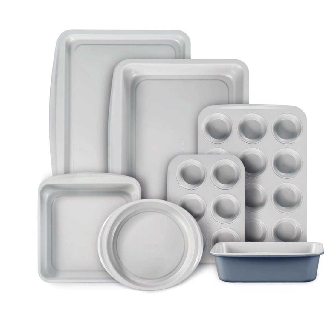 Carote 9 Pc Stackable Nonstick Bakeware Set, Includes Cookie Sheet, Muffin, Bread, Cake, Loaf & Roasting Pans, Gray & Blue