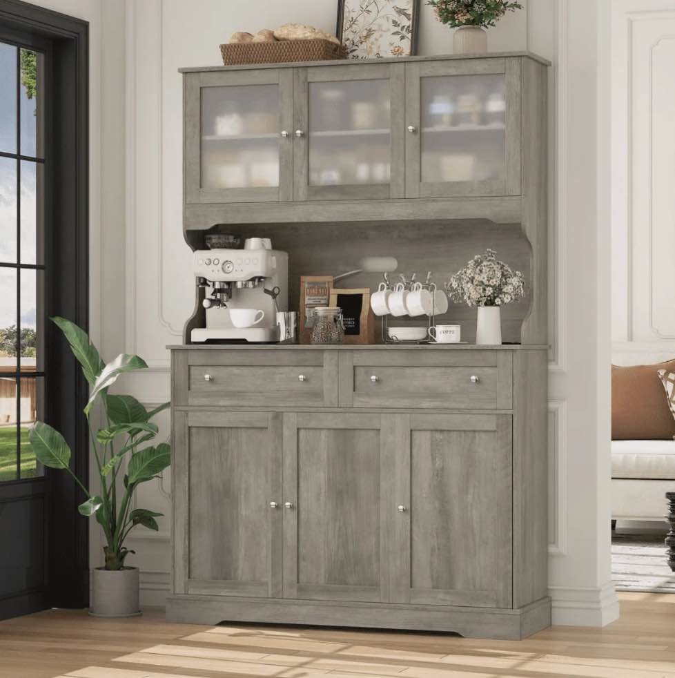 Hiphuta 72"Tall Kitchen Pantry Storage Cabinet with Power Outlet, Freestanding Cupboard Storage Buffet Hutch with Microwave Stand, Storage Pantry with Drawers & Glass Doors, Ash Gray