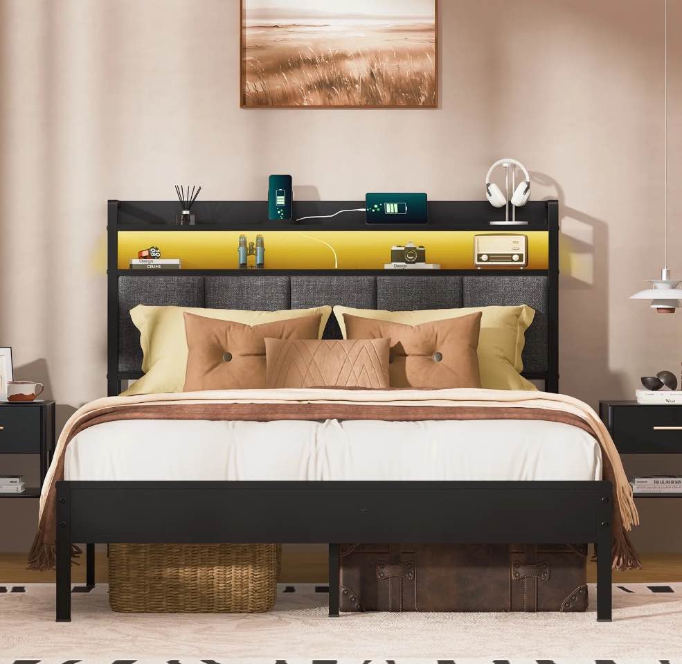 Z-hom Full Bed Frame with LED Lights Headboard, Full Size Heavy Duty Metal Hybrid Bed Frame Bed Base, Sturdy Upholstered Wooden Full Platform Bed with Charging Ports & Storage Shelves