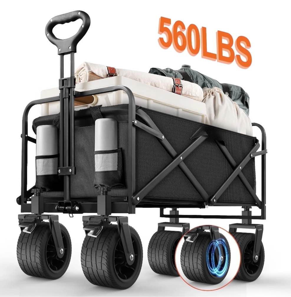 Qunler Large Collapsible Folding Wagon, 560 lbs Heavy Duty Big Bucket Utility Garden Cart with Oversized Tank Wheels for Sports, Shopping, Camping, Kids, Black
