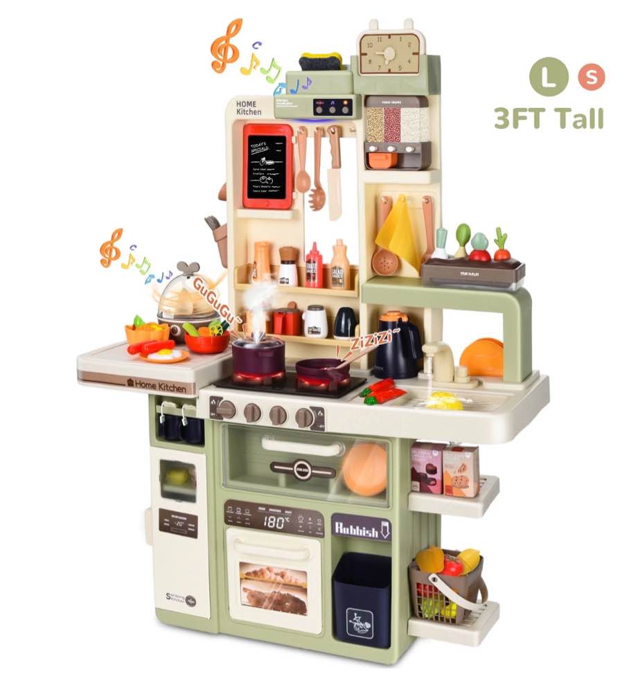 Wisairt Play Kitchen Set for Kids, 3FT Toy Play Kitchen w/ Realistic Lights Sounds Simulation Spray for Toddlers Girls Boys Gift 88Pcs - Large (Green 27.2x10.6x36.6in)